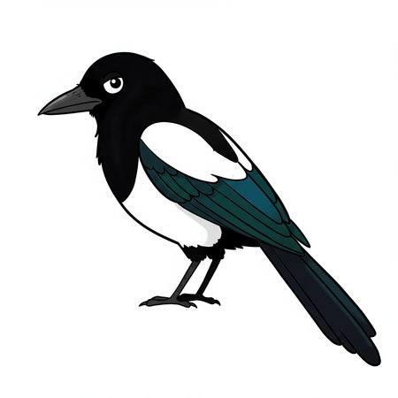 A colorful cartoon illustration of a magpie bird. The standing bird has distinctive black and white feathers and is isolated on a white background.の素材