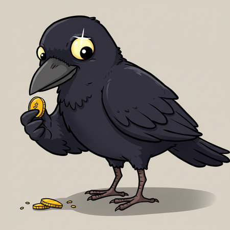 A funny cartoon illustration of a greedy crow or raven. This happy bird character has found gold coins and holds one with a shiny, happy eye.の素材