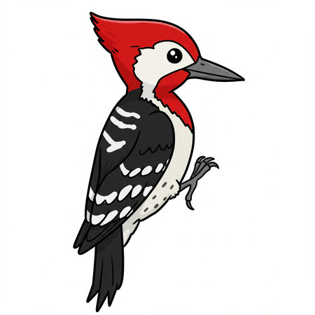 A illustration of a cute and colorful woodpecker bird. This friendly wild animal with a red crest is isolated on a white background.の素材
