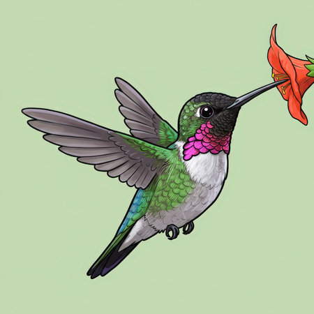 A colorful and detailed illustration of a beautiful hummingbird hovering and drinking nectar from a red flower. The bird is in flight.の素材