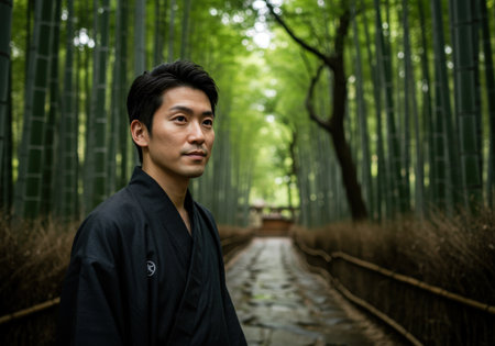 A handsome young Asian man wearing a traditional black kimono is standing on a path in a beautiful bamboo forest, Kyoto, Japan.の素材