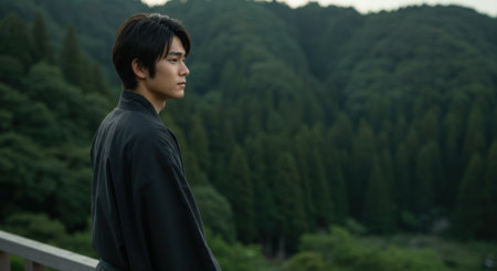 Side profile of a calm young Asian man wearing a traditional black kimono. He is looking thoughtfully at the beautiful mountain forest landscape.の素材