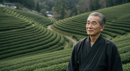 Portrait of a senior Asian farmer in traditional clothing, standing proudly in a vast and beautiful terraced green tea field plantation.の素材