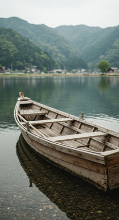 A traditional wooden boat is moored in the clear, calm water of a river. The background shows a beautiful mountain landscape in a serene setting.の素材