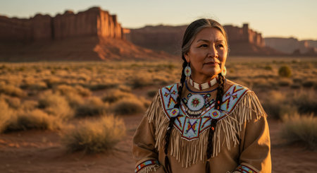 A serene, elderly Native American woman in traditional beaded clothes. She looks at the desert landscape of Monument Valley during a beautiful golden sunset.の素材