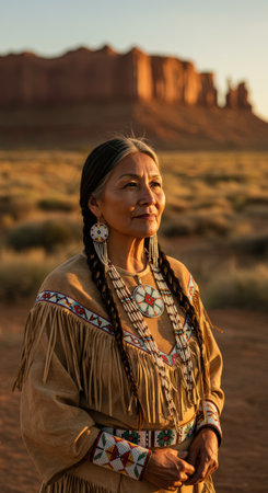 A wise and serene Native American woman in traditional clothing with beaded jewelry. She stands proudly in the desert of Monument Valley at golden hour.の素材