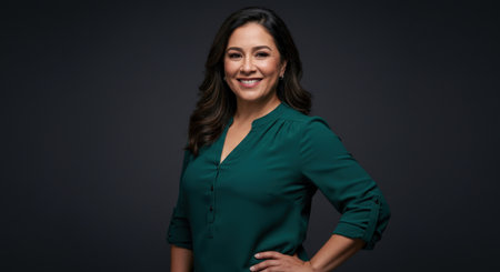 A studio portrait of a confident mature hispanic woman in a green blouse. She is smiling happily at the camera with her hand on her hip.の素材