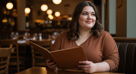 A beautiful plus size young woman is smiling and holding a menu. She is sitting at a table in a cozy, modern restaurant with warm lights.の素材