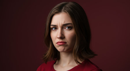 A studio headshot of a very sad and disappointed young woman. This upset brunette girl is pouting and frowning on a simple dark red studio background.の素材
