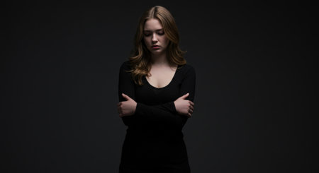 A portrait of a sad and lonely young caucasian woman in a black shirt. She is standing alone in the dark with her arms crossed and looking down.の素材