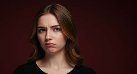 A studio portrait of a sad and disappointed young caucasian woman. She is wearing a black shirt and looking at the camera with an unhappy expression.の素材
