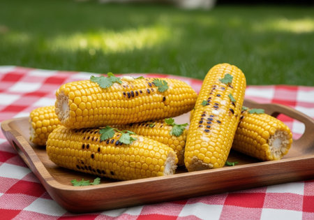 A close up of delicious grilled corn on the cob with fresh cilantro. The corn is served on a wooden tray during a sunny summer picnic on a lawn.の素材