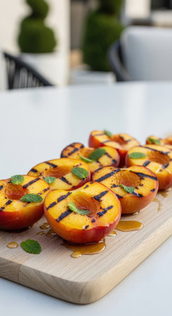 Juicy grilled peach halves are drizzled with honey and garnished with fresh mint. This elegant summer dessert is served on a wooden board on a terrace.の素材