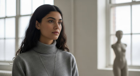 A beautiful portrait of a passive young woman with long dark hair. She is wearing a gray turtleneck and looking away thoughtfully in a quiet loft.の素材
