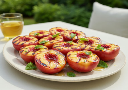 Grilled peaches with mint and honey on a platter for a healthy summer dessert. Served outdoors on a sunny day, this dish is both delicious and refreshing.の素材