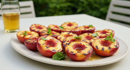 A close up of delicious grilled peaches drizzled with honey and garnished with fresh mint. The fruit is served on a white plate outdoors.の素材