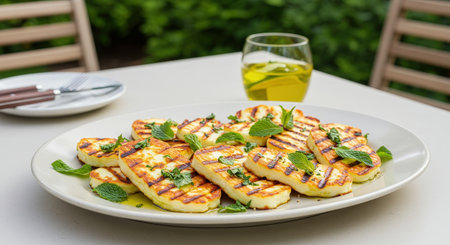 A platter of grilled halloumi cheese slices with fresh mint leaves, served on a restaurant terrace. A delicious vegetarian meal for a summer lunch.の素材