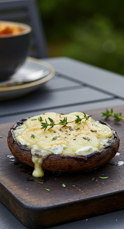 A stuffed portobello mushroom with melted cheese and fresh thyme on a rustic wooden board. This delicious appetizer is served outdoors in a garden setting.の素材