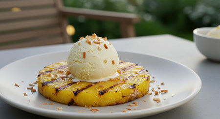 A gourmet dessert of grilled pineapple topped with a scoop of ice cream and coconut crumble. This fresh tropical dish is served on a white plate.の素材