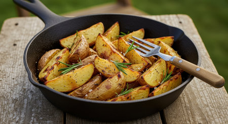 A cast iron skillet filled with delicious homemade roasted potato wedges. Seasoned with sea salt, pepper, and fresh rosemary, served for a summer picnic.の素材