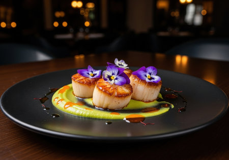 A gourmet appetizer of three seared scallops with edible flowers. They are served on a bed of green puree on a black plate in a restaurant.の素材