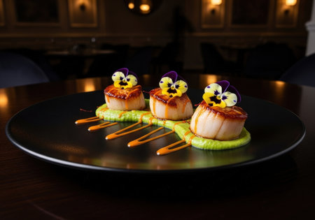 An appetizer of three perfectly seared sea scallops, served on a green pea puree with an orange sauce and garnished with edible pansy flowers.の素材