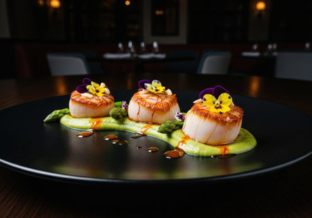An elegant gourmet dish of seared scallops with an asparagus puree and edible flowers. A delicious seafood appetizer at a fine dining restaurant.の素材