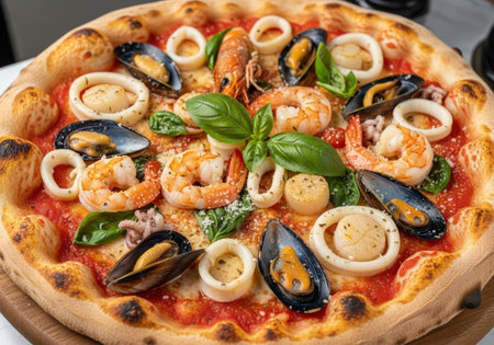 A delicious Neapolitan style pizza with a variety of fresh seafood toppings, including shrimp, mussels, calamari, and scallops, on a tomato base.の素材