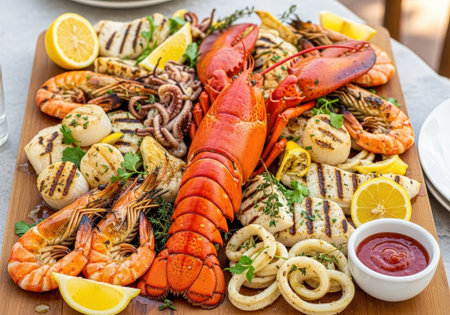 A grilled seafood platter with lobster, shrimp, scallops, and calamari, served with lemon and dipping sauce. A delicious and luxurious outdoor meal.の素材