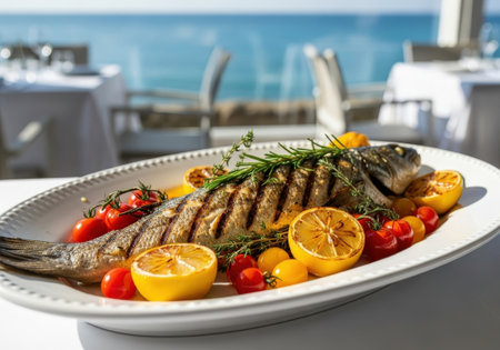 A whole grilled sea bass served with roasted tomatoes and lemon. This delicious gourmet meal is on a table at a luxury restaurant with a sea view.の素材