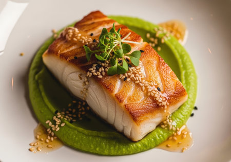 An elegant gourmet dish of pan-seared black cod fillet with a vibrant edamame puree, topped with sesame seeds and microgreens at a restaurant.の素材