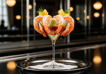 An elegant shrimp cocktail appetizer, with large cooked prawns on a bed of lettuce with cocktail sauce. Served in a martini glass with a lemon garnish.の素材