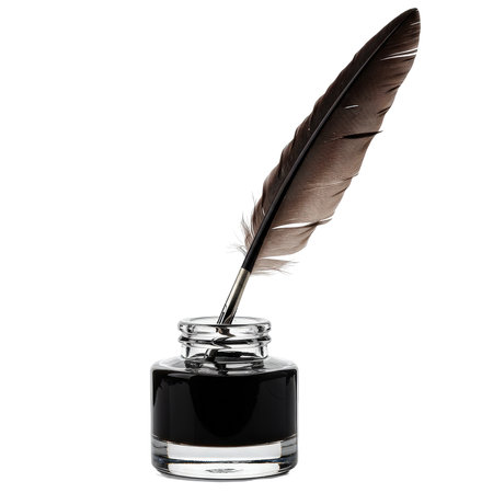A traditional feather quill pen in a glass inkwell with black ink, perfectly cut out for historical or literary design projects.の素材