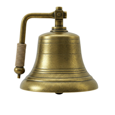 A heavy, antique brass nautical bell with a weathered finish. Its classic design includes a thick rope pull and a sturdy mounting bracket for ringing.の素材