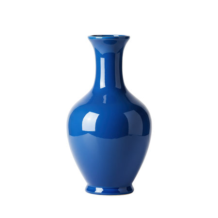 A sleek, vivid blue ceramic vase with a highly glossy finish and elegant, flowing contours. Its modern, minimalist form reflects light.の素材