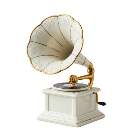 Vintage porcelain gramophone figurine with elegant golden details. This classic retro music player statuette is a beautiful collectible souvenir.の素材