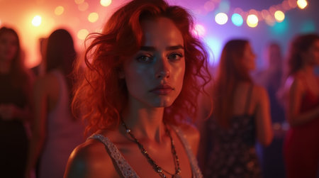 A beautiful young woman with red hair and a serious look standing in a crowded nightclub. The cinematic red and blue neon lights create a moody vibe.の素材