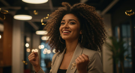 A joyful African woman with voluminous curly hair celebrates success, smiling brightly amidst falling golden spirals in a modern office environment.の素材