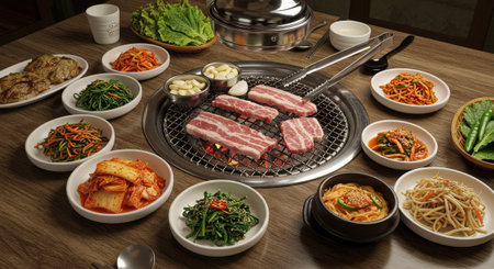 A full spread of a Korean BBQ meal. Raw pork belly is on a central charcoal grill, surrounded by various traditional side dishes like kimchi.の素材