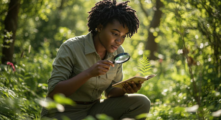 A focused young African woman botanist examines a fern leaf through a magnifying glass in a lush, sunlit forest, embodying scientific discovery.の素材