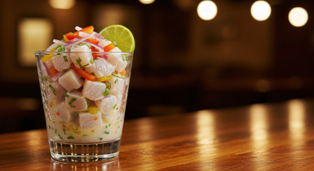 A close-up of a refreshing seafood appetizer. Diced raw fish is marinated with lime juice, red onion, and peppers, served in a glass on a bar.の素材