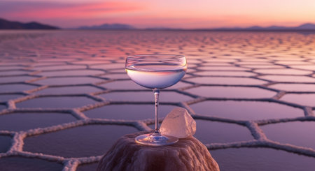 A glass of traditional Bolivian singani, a clear brandy. The drink is served at sunset on the Salar de Uyuni, the world's largest salt flats.の素材