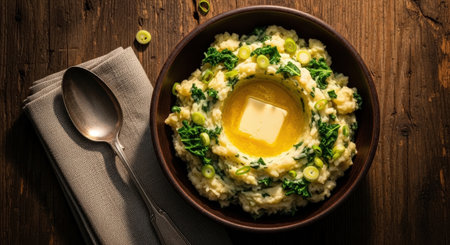 Traditional Irish colcannon with mashed potatoes, a classic comfort food dish made with kale, spring onions, and a well of melted butter.の素材