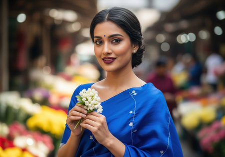 Beautiful Indian woman in a blue sari, a traditional dress, holding white flowers. She is smiling at an outdoor market with a bindi on her forehead.の素材