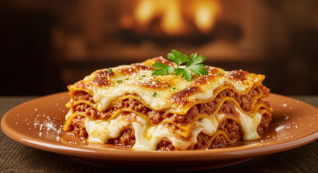 A rich and cheesy baked lasagna with savory meat sauce is served on a warm brown plate. This classic Italian dish is perfect for a comforting family meal.の素材