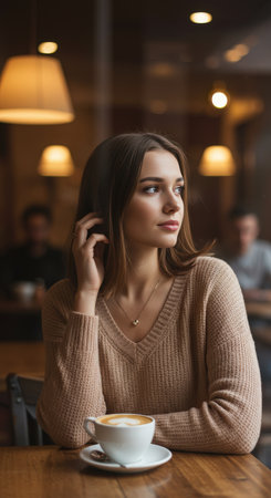 A pensive young woman sips coffee, gazing thoughtfully in a cozy illuminated cafe. Her relaxed posture captures a moment of quiet contemplation and urban comfort.の素材