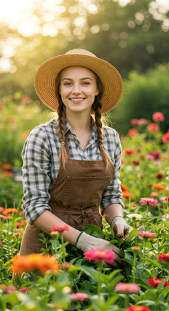 A joyful young female gardener smiles, surrounded by colorful flowers at golden sunset. Her happy spirit embodies nature and wholesome living.の素材