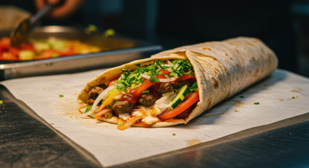 A freshly assembled kebab wrap, generously filled with tender meat, colorful vegetables, and creamy sauces.の素材