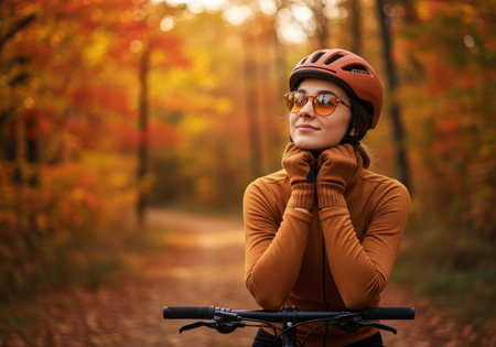 A young woman in cycling gear pauses, admiring the vibrant autumn forest colors. Her serene expression captures the beauty of fall outdoor activity.の素材