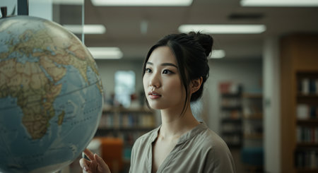 A thoughtful young Asian woman gazes at a world globe, symbolizing exploration, global connections, and future opportunities. Perfect for education and travel themes.の素材